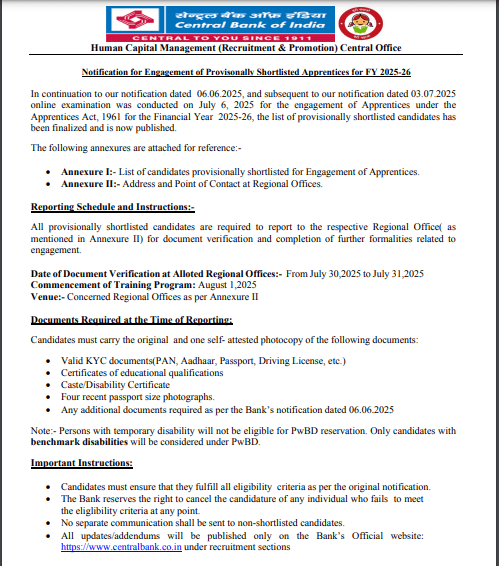 Declaration of final results for the Engagement of Apprentices in the Bank