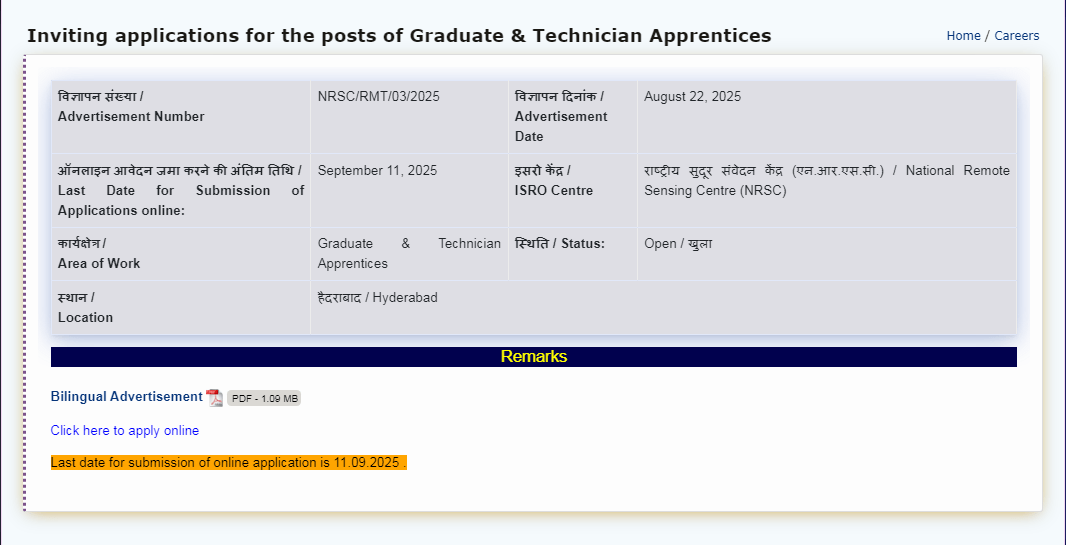ISRO NRSC Apprentice Vacancy 2025