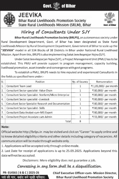 Bihar Jeevika Consultant Bharti 2025