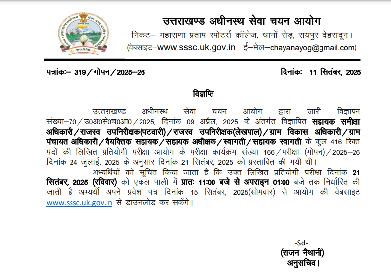UKSSSC Admit Card 2025