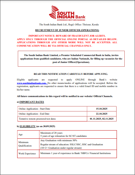 South Indian Bank Jr. Officer Vacancy 2025
